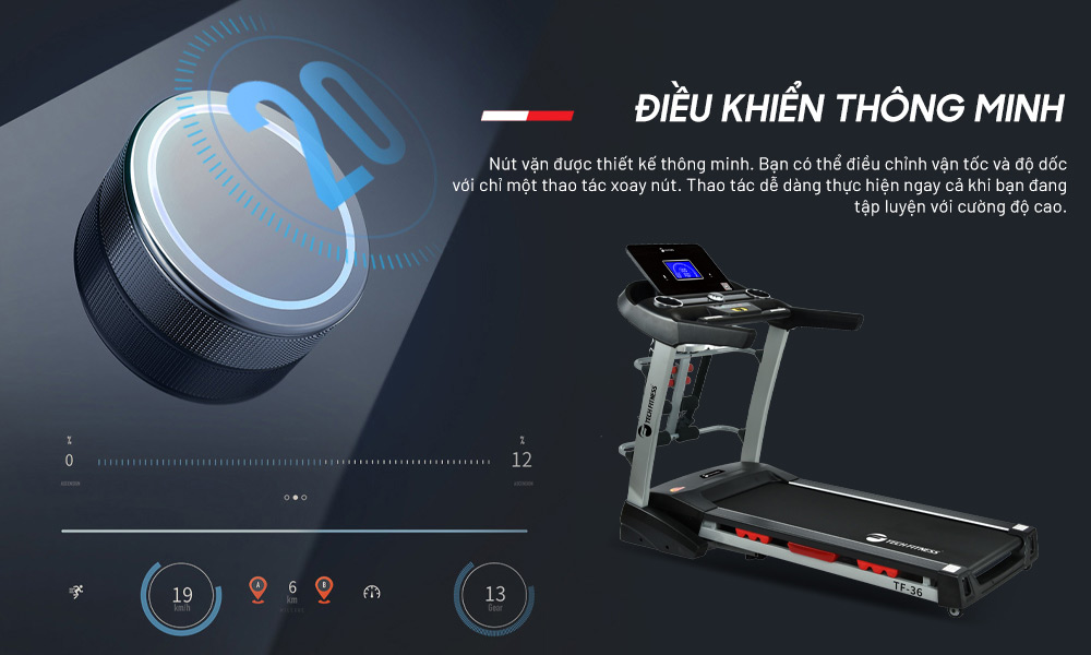 Máy chạy bộ Tech Fitness TF-36 thông minh với màn hình trung tâm to